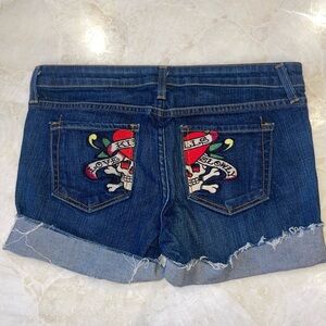 Ed Hardy Skull Heart Embroidered Denim Shorts Size 30